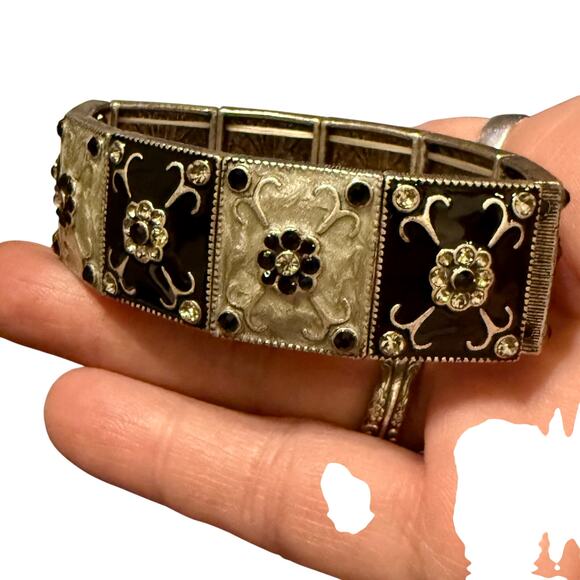 Vintage Art Deco Style Enamel Rhinestone Panel Bracelet - Picture 5 of 8